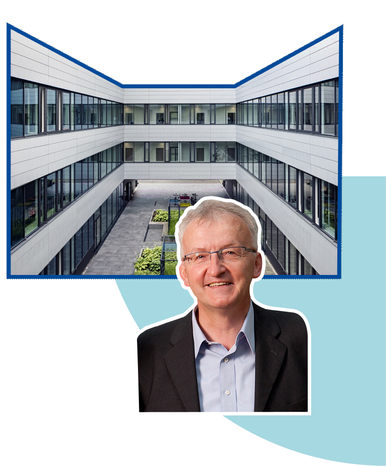 Synthetic microbiology building, portrait of Bruno Eckardt, and label